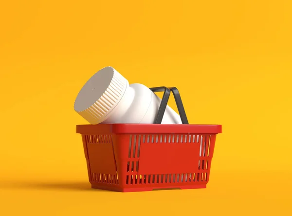 コピースペースと黄色の背景に赤いプラスチックショッピングバスケットに白い錠剤ボトル 医学の概念 最小限の抽象概念 3Dレンダリング図 — ストック写真