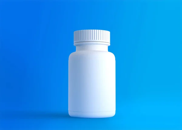 Garrafa Pílulas Brancas Fundo Azul Com Espaço Cópia Conceitos Medicina — Fotografia de Stock
