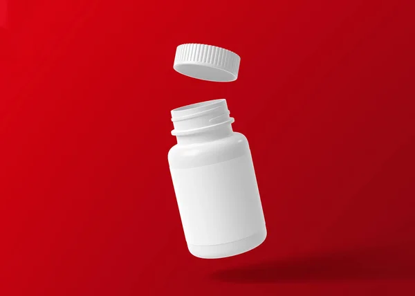Flacone Bianco Volante Pillole Sfondo Rosso Illustrazione Rendering — Foto Stock