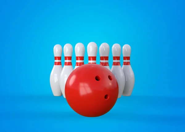 White Bowling Pins Form Triangle Bowling Ball Blue Background Front — Stock Photo, Image