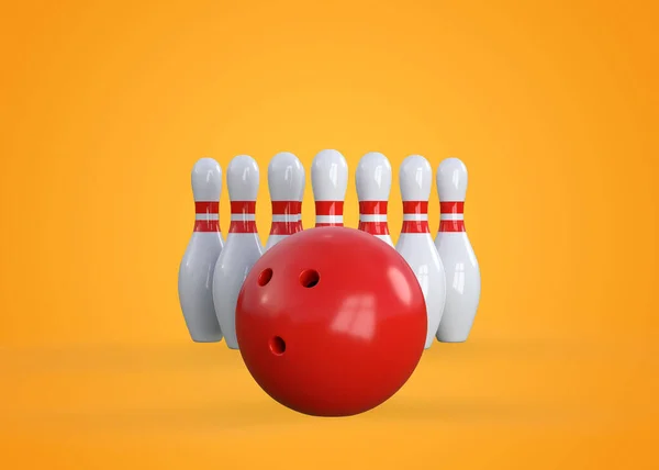 White Bowling Pins Form Triangle Bowling Ball Yellow Background Front — Stock Photo, Image