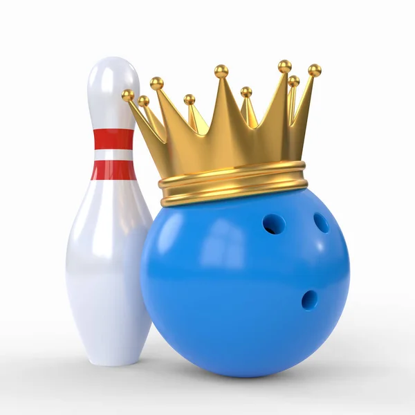 Beyaz arka planda izole edilmiş altın taçla taçlandırılmış Skittles ve mavi bowling topu. 3B resimleme