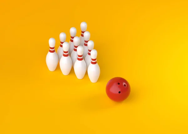 Weiße Kegelnadeln Form Eines Dreiecks Und Einer Bowlingkugel Auf Gelbem — Stockfoto