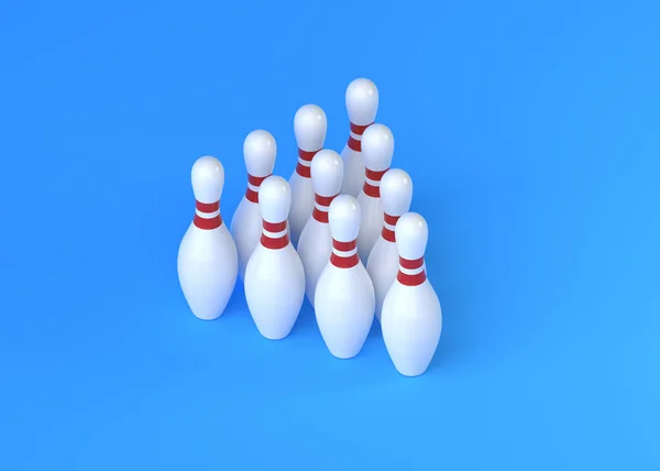 White Bowling Pins Form Triangle Blue Background Orthographic View Creative — Stock Photo, Image