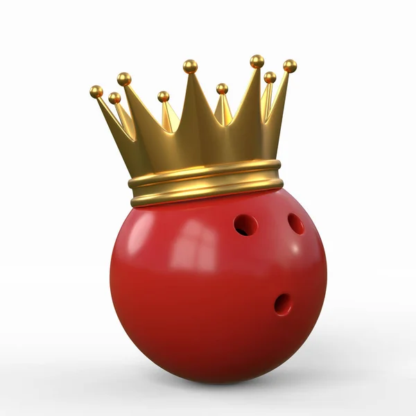 白い背景に金の王冠で飾ら赤いボウリングボール 3Dレンダリング図 — ストック写真