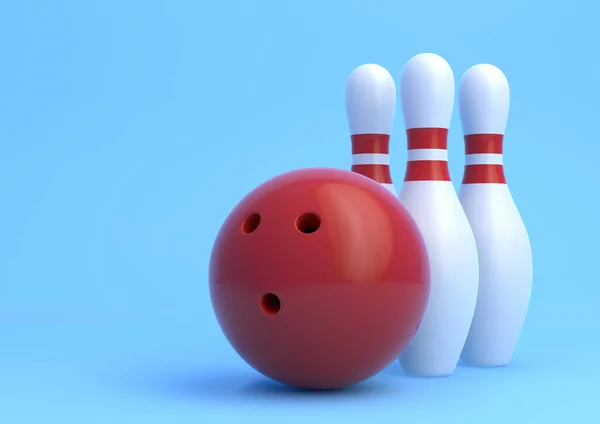 Red Bowling Ball White Skittles Isolated Blue Background Realistic Game — Stock Photo, Image