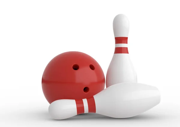 Red Bowling Ball White Skittles Isolated White Background Realistic Game — Stock Photo, Image