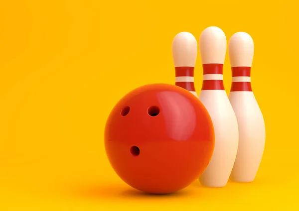 Κόκκινο Bowling Μπάλα Και Λευκό Skittles Απομονώνονται Κίτρινο Φόντο Ρεαλιστικό — Φωτογραφία Αρχείου