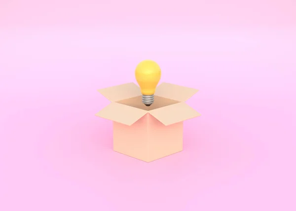 ピンクの背景に電球ランプ付きの茶色の箱 配達の概念 最小限の漫画スタイル 3Dレンダリング3Dイラスト — ストック写真