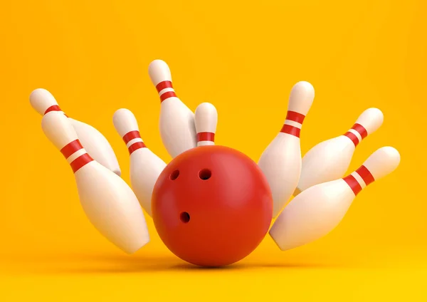 Red Bowling Ball Scattered White Skittles Isolated Yellow Background Realistic — Stock Photo, Image