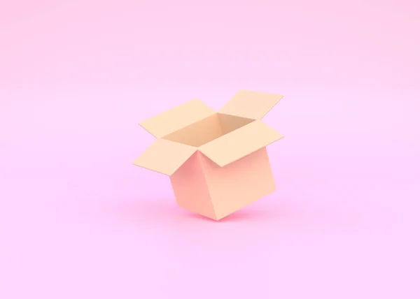 Відкрити Коричневу Коробку Рожевому Фоні Концепція Доставки Мінімальний Стиль Мультфільму — стокове фото