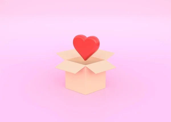 Braune Schachtel Mit Herz Auf Rosa Hintergrund Lieferkonzept Minimaler Cartoon — Stockfoto