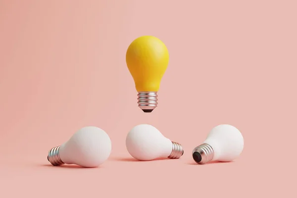 Glühbirne Fliegt Zwischen Weißen Glühbirnen Auf Pastellfarbenem Hintergrund Inspirationskonzept Neue — Stockfoto