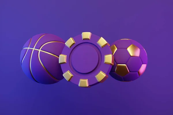 明るい ネオンの背景にポーカーチップ バスケットボールやサッカーボール 3Dレンダリング図 — ストック写真