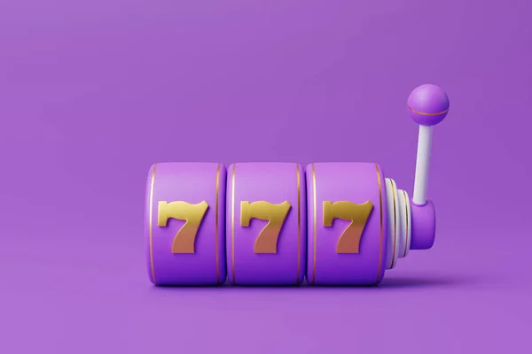 紫色の背景に3つの黄金の7と紫のスロットマシン 正面図 3Dレンダリング図 — ストック写真
