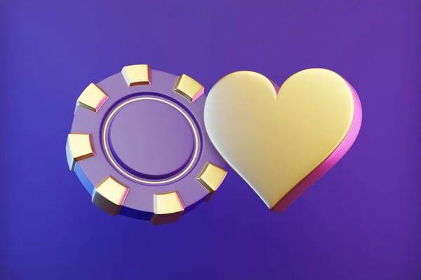 Poker Chip Och Hjärtsymbol Ljus Violett Neon Bakgrund Återgivning Illustration — Stockfoto