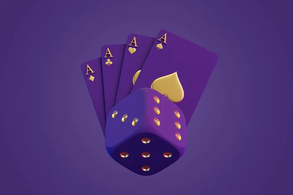 赌场骰子和紫色背景的扑克牌3D渲染说明 — 图库照片