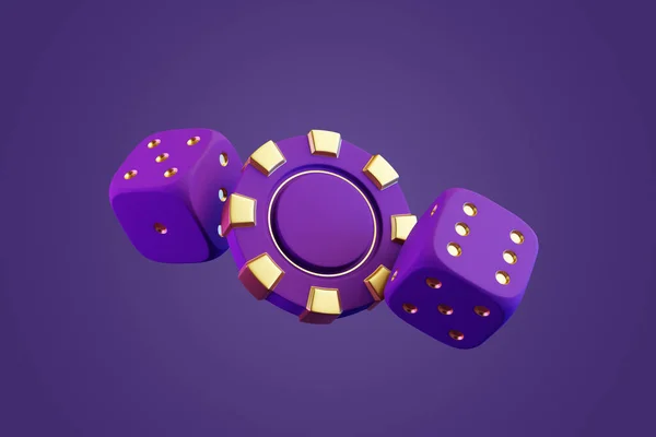 Pokerchips Und Würfel Auf Violettem Hintergrund Darstellung — Stockfoto