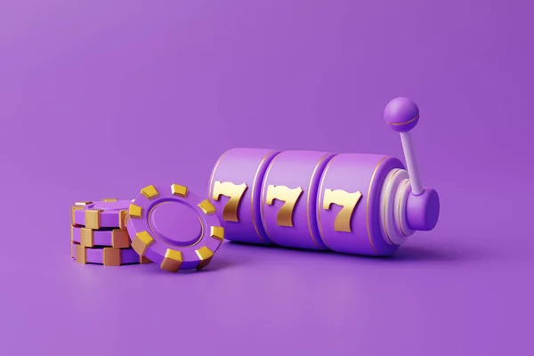 紫の背景に3つの黄金の7とポーカーチップと紫のスロットマシン 3Dレンダリング図 — ストック写真