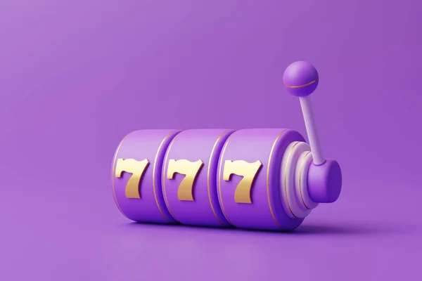 Máquina Tragaperras Púrpura Con Tres Sietes Dorados Sobre Fondo Violeta — Foto de Stock