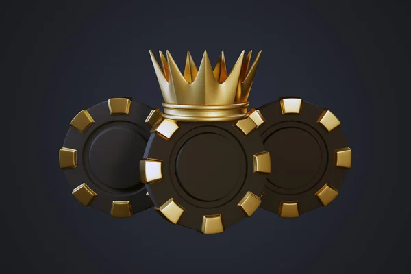 暗い背景に王冠とポーカーチップ 3Dレンダリング図 — ストック写真