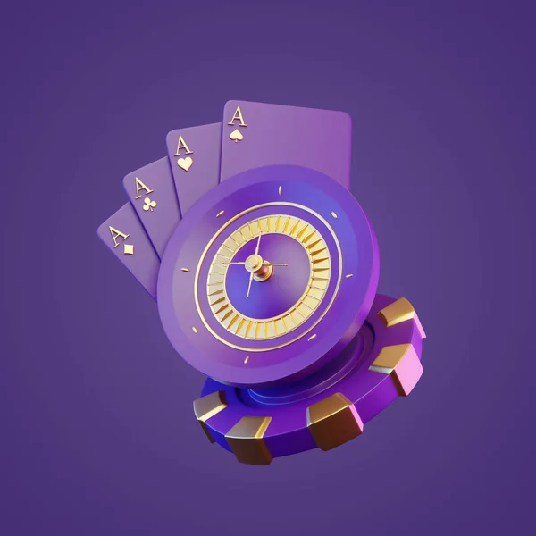赌场轮盘赌 纸牌和扑克晶片在紫色背景 3D渲染说明 — 图库照片