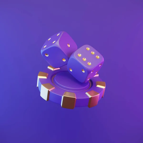 Casino Chip Dices Heldere Violette Neon Achtergrond Weergave Illustratie — Stockfoto