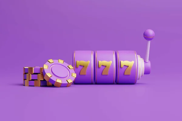 Фиолетовый Игровой Автомат Тремя Золотыми Семерками Фишками Покера Фиолетовом Фоне — стоковое фото