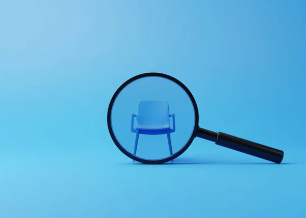 Office chair with magnifying glass on a blue room. Recruitment concept. Searching for a new job opportunity. 3D Render 3D Illustration