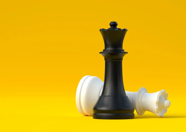 黑白相间的女王棋子孤立在淡黄的背景上 国际象棋游戏人物 国际象棋棋子棋盘游戏战略游戏 创意最小的概念 3D说明 3D渲染 — 图库照片