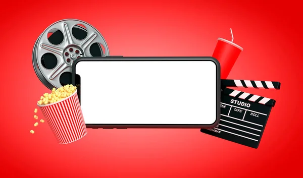 Okostelefon Üres Képernyő Popcorn Film Szalag Clapperboard Ital Piros Alapon — Stock Fotó