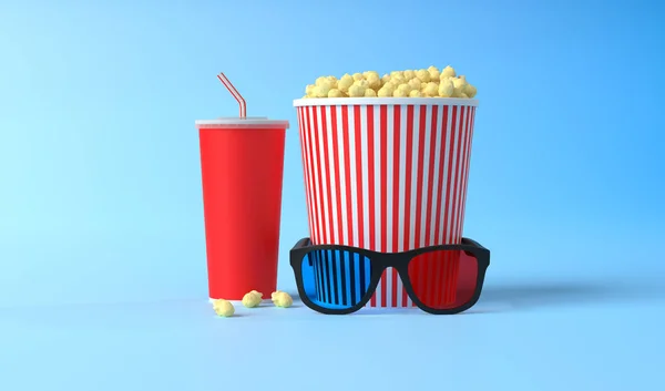 stock image Popcorn, 3D glasses and disposable cups of red cola on a blue background. Minimalist creative concept. Cinema, movie, entertainment concept. 3d render illustration