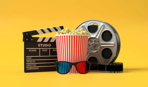 Popcorn, 3D glasses, film reel and clapboard on a yellow background. Minimalist creative concept. Cinema, movie, entertainment concept. 3d render illustration