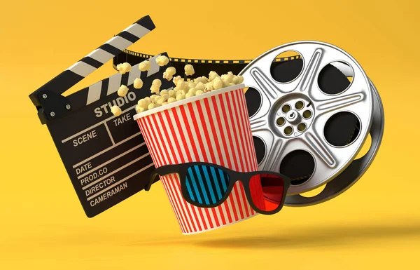 Vliegende Popcorn Bril Filmrol Klapbord Een Gele Achtergrond Minimalistisch Creatief — Stockfoto