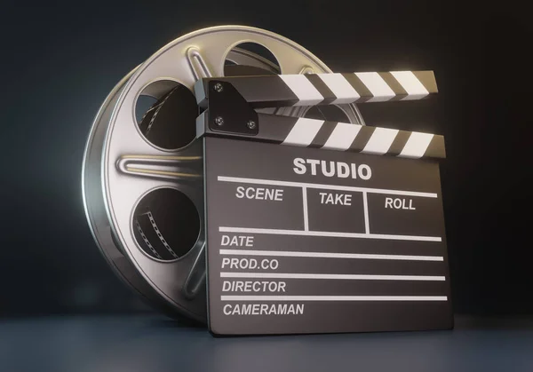 Film Reel Clapperboard Black Background Minimalist Creative Concept Cinema Movie — Stock Photo, Image