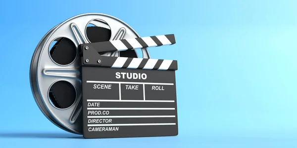 Film Reel Clapperboard Isolated Blue Background Pastel Colors Minimalist Creative — Stock Photo, Image