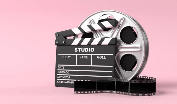 Carretel Filme Com Clapperboard Isolado Sobre Fundo Rosa Brilhante Cores — Fotografia de Stock