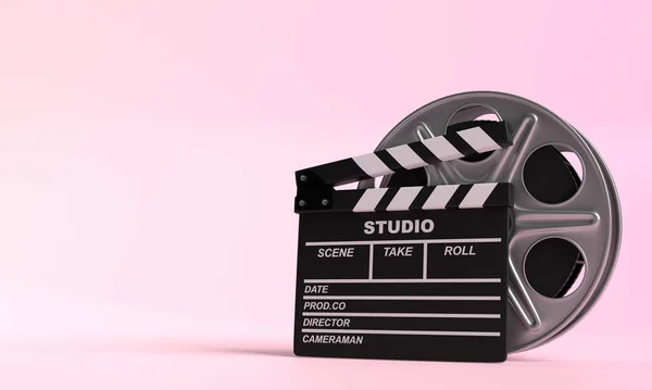 Film Rulle Med Clapperboard Isolerad Ljus Rosa Bakgrund Pastellfärger Minimalistiskt — Stockfoto
