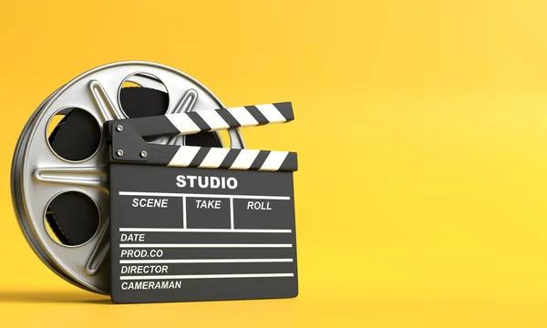 Film Reel Clapperboard Isolated Bright Yellow Background Pastel Colors Minimalist — Stock Photo, Image