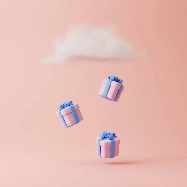 Nube Con Lluvia Cajas Regalo Sobre Fondo Rosa Pastel Composición — Foto de Stock