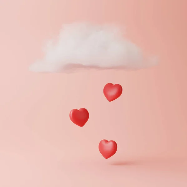 Nube Con Lluvia Corazones Sobre Fondo Rosa Pastel Composición Creativa —  Fotos de Stock