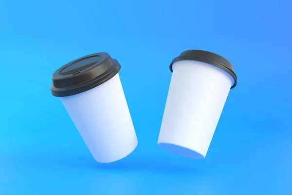 Две Одноразовые Бумажные Чашки Кофе Черной Крышкой Воздухе Синем Фоне — стоковое фото