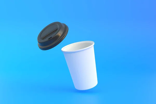 Wegwerp Papieren Koffiebeker Met Zwart Deksel Lucht Blauwe Achtergrond Minimaal — Stockfoto