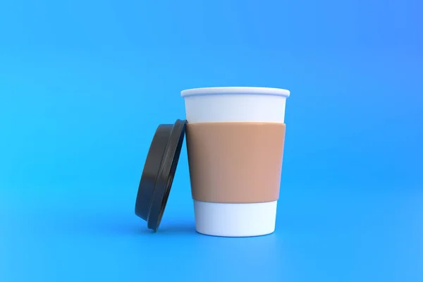 可有可有可有可有可无的纸咖啡杯 蓝色底色黑色盖子 最小的概念 3D渲染3D说明 — 图库照片
