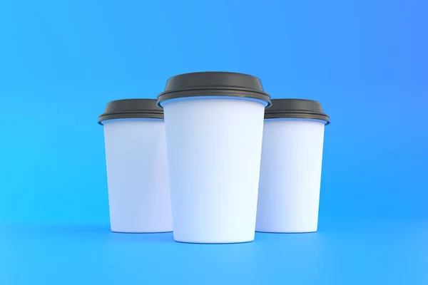 Drie Wegwerp Papieren Koffiebeker Met Zwart Deksel Blauwe Achtergrond Minimaal — Stockfoto