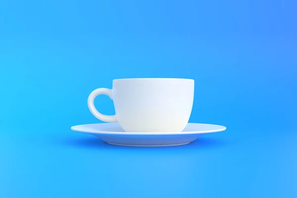 蓝色背景的白色陶瓷咖啡杯 咖啡或茶的白杯子是空的 3D渲染3D插图 — 图库照片