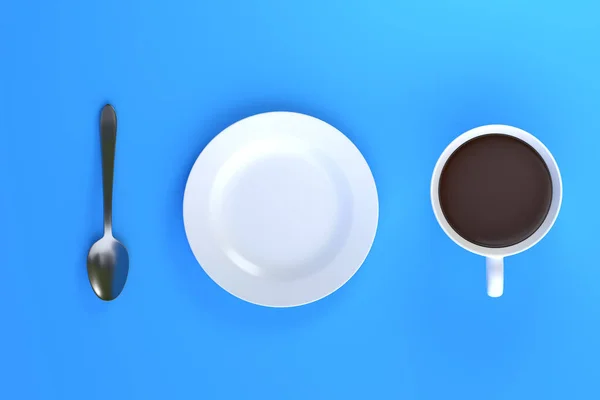 Κάτοψη Του Ένα Φλιτζάνι Καφέ Πιάτο Και Κουτάλι Μπλε Φόντο — Φωτογραφία Αρχείου