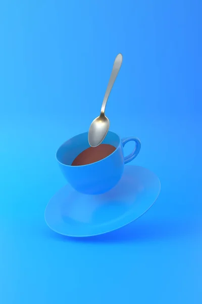 用勺子盛咖啡杯 白色的杯子在明亮的蓝色背景的空气中飘扬 最小的概念 3D渲染3D插图 — 图库照片