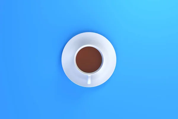 Bovenaanzicht Van Een Kopje Koffie Met Schotel Blauwe Achtergrond Goedemorgen — Stockfoto