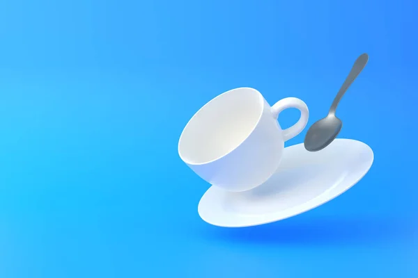用勺子盛咖啡杯 白色的杯子在明亮的蓝色背景的空气中飘扬 最小的概念 3D渲染3D插图 — 图库照片
